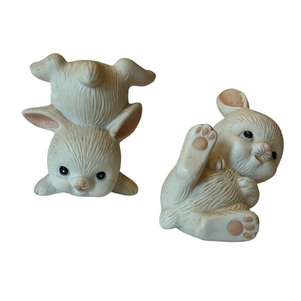 Easter Homco White Baby Bunny Rabbits Figurines Set of 2 Tumbling Bunnies #1454